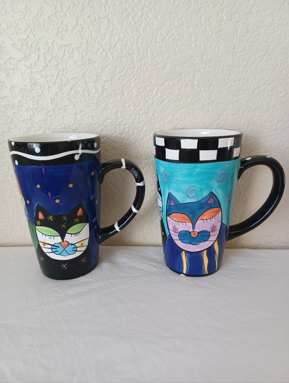 SET OF 2 Large Tall Vintage Milson & Louis Hand Painted Ceramic Cat Face Mugs